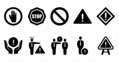 A set of 10 hazard danger icons as stop, no entry, danger in black filled color vector