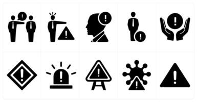 A set of 10 hazard danger icons as warn, warning, alert in black filled color vector