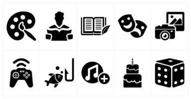 A set of 10 hobby icons as painting, reading, writing in black filled color vector