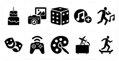 A set of 10 hobby icons as cooking, photography, dice in black filled color vector