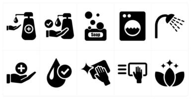 A set of 10 hygiene icons as hand wash, disinfection, soap in black filled color vector
