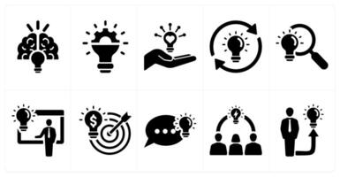 A set of 10 idea icons as creative idea, innovation, share idea in black filled color vector