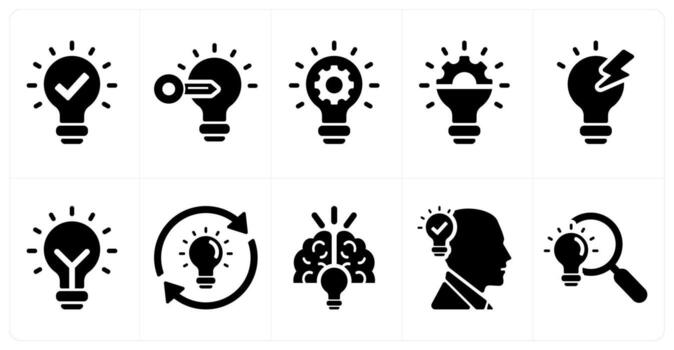 A set of 10 idea icons as idea, key idea, idea generation in black filled color vector