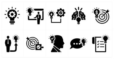 A set of 10 idea icons as idea generation, idea presentation, idea execution in black filled color vector