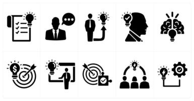 A set of 10 idea icons as thinking, having idea, head idea in black filled color vector