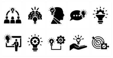 A set of 10 idea icons as brainstorming, creative idea, head idea in black filled color vector