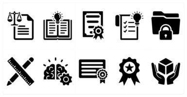 A set of 10 intellectual property icons as law, novel invention, license in black filled color vector