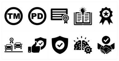 A set of 10 intellectual property icons as trademark, public domain, patent in black filled color vector