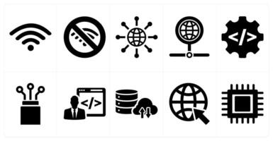 A set of 10 internet computer icons as wifi, wifi error, internet in black filled color vector