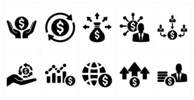 A set of 10 investment icons as asset, cash flow, liquidity in black filled color vector