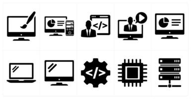 A set of 10 internet computer icons as web design, computer, developer in black filled color vector