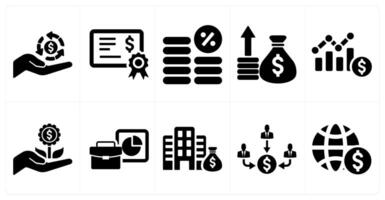 A set of 10 investment icons as return on investment, bond, interest in black filled color vector
