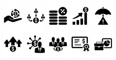 A set of 10 investment icons as return on investment, mutual fund, interest in black filled color vector