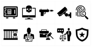 A set of 10 justice icons as locker, cyber crime, weapon in black filled color vector