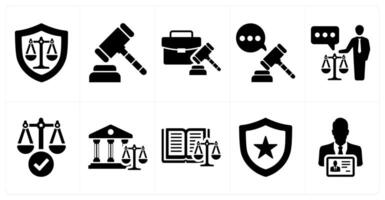 A set of 10 justice icons as justice, judge hammer, case in black filled color vector