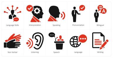 A set of 10 language icons as language skills, interpretation, speaking in red filled color vector