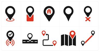 A set of 10 location icons as location, place, home location in red filled color vector