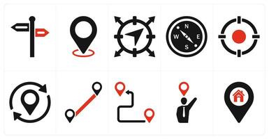 A set of 10 location icons as direction, location, navigation in red filled color vector