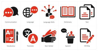 A set of 10 language icons as communication, language, language skills in red filled color vector