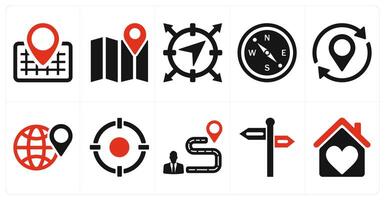 A set of 10 location icons as address, map, navigation in red filled color vector