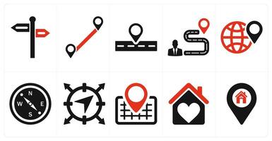 A set of 10 location icons as direction, distance, route in red filled color vector