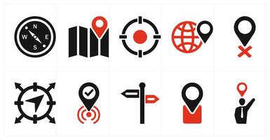 A set of 10 location icons as compass, map, target in red filled color vector