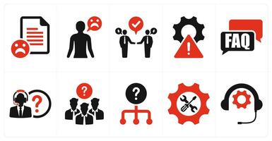 A set of 10 customer service icons as complaint, unsatisfied, conflict resolution in red filled color vector
