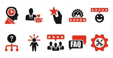 A set of 10 customer service icons as patience, customer, brand reputation in red filled color vector