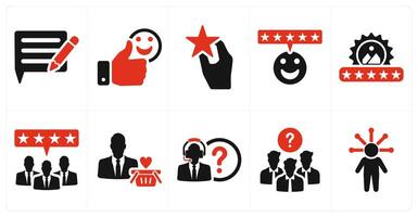 A set of 10 customer service icons as feedback, satisfied, brand reputation, excellent service in red filled color vector