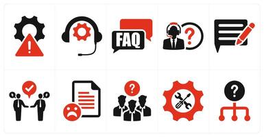 A set of 10 customer service icons as troubleshooting, assistance, faq in red filled color vector