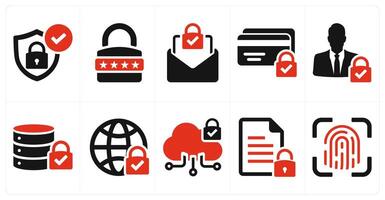 A set of 10 cyber security icons as security, password, email protection, secure payment in red filled color vector