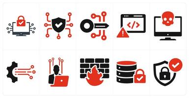 A set of 10 cyber security icons as cyber security, encryption, code issue in red filled color vector