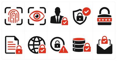 A set of 10 cyber security icons as fingerprint, eye scan, user access in red filled color vector