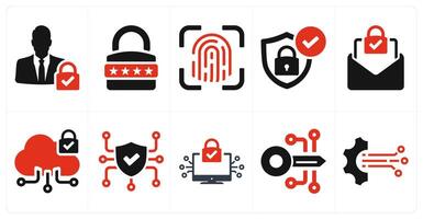 A set of 10 cyber security icons as user access, password, fingerprint in red filled color vector
