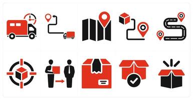 A set of 10 delivery icons as delivery on time, delivery location, maps in red filled color vector