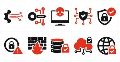 A set of 10 cyber security icons as technology, encryption, cyber crime in red filled color vector
