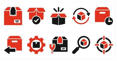 A set of 10 delivery icons as parcel, package, product in red filled color vector