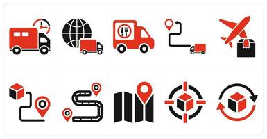 A set of 10 delivery icons as delivery on time, worldwide delivery in red filled color vector