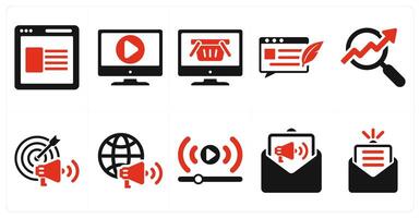 A set of 10 digital marketing icons as website, online , online shop in red filled color vector