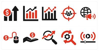 A set of 10 digital marketing icons as sale, growth, analytics in red filled color vector