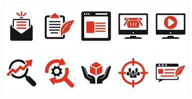 A set of 10 digital marketing icons as newsletter, content, website in red filled color vector