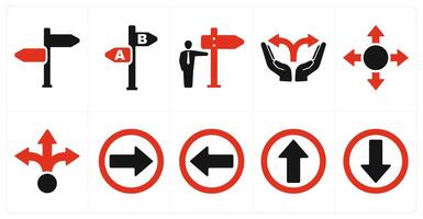 A set of 10 direction icons as direction, choice, indicate direction in red filled color vector