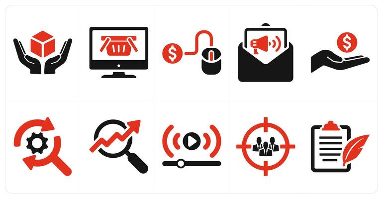 A set of 10 digital marketing icons as product, online shop, pay per click in red filled color