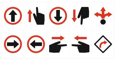 A set of 10 direction icons as up, point up, down in red filled color vector
