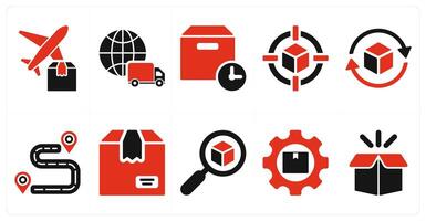 A set of 10 delivery icons as air delivery, worldwide delivery, box delivery in red filled color vector