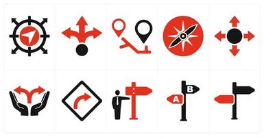 A set of 10 direction icons as navigation, way, itinerary in red filled color vector