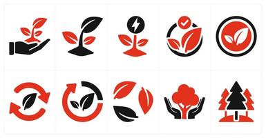 A set of 10 ecology icons as ecology, nature, green energy in red filled color vector