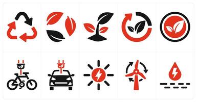 A set of 10 ecology icons as recycle, recyclable, nature in red filled color vector