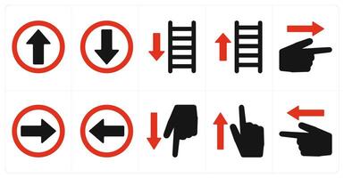 A set of 10 direction icons as up, down, ascend in red filled color vector