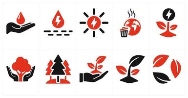 A set of 10 ecology icons as save water, hydro power, solar power in red filled color vector